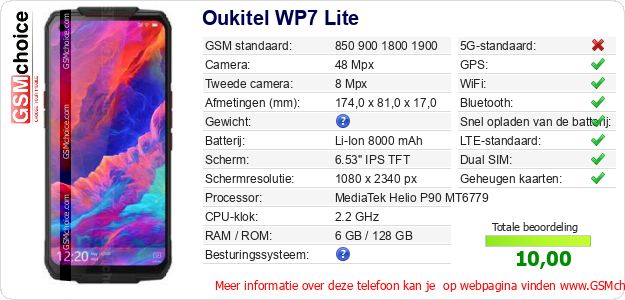 Oukitel WP7 Lite Technische gegevens Oukitel WP7 Lite Technische gegevens