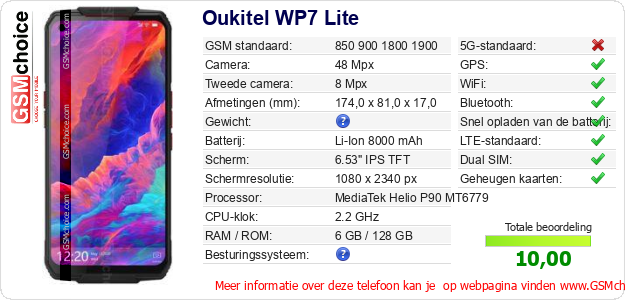 Oukitel WP7 Lite Technische gegevens 