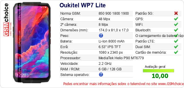 Oukitel WP7 Lite Especificações técnicas do telemóvel 