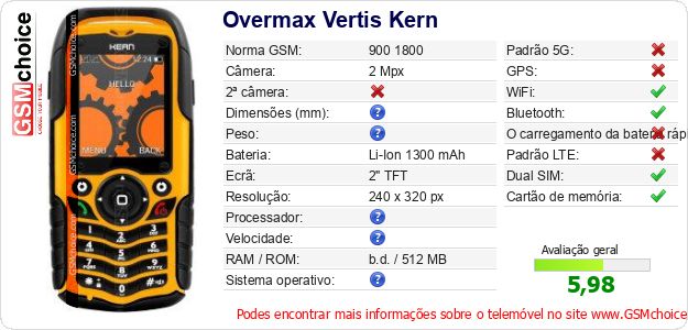 Overmax Vertis Kern Especificações técnicas do telemóvel Overmax Vertis Kern Especificações técnicas do telemóvel