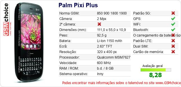 Palm Pixi Plus Especificações técnicas do telemóvel Palm Pixi Plus Especificações técnicas do telemóvel