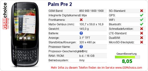 Palm Pre 2 technische Daten Palm Pre 2 technische Daten