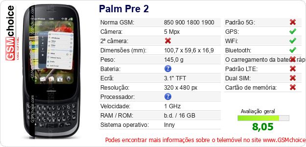 Palm Pre 2 Especificações técnicas do telemóvel 