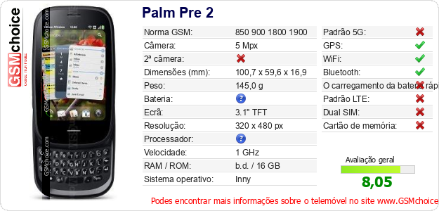 Palm Pre 2 Especificações técnicas do telemóvel 