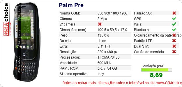 Palm Pre Especificações técnicas do telemóvel 