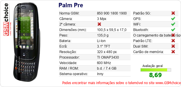 Palm Pre Especificações técnicas do telemóvel 