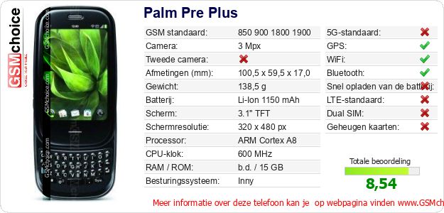 Palm Pre Plus Technische gegevens 