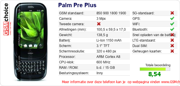 Palm Pre Plus Technische gegevens 