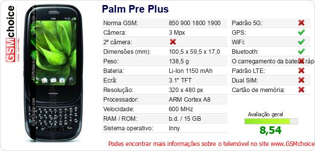 Palm Pre Plus Especificações técnicas do telemóvel 