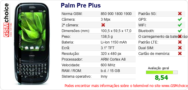 Palm Pre Plus Especificações técnicas do telemóvel 