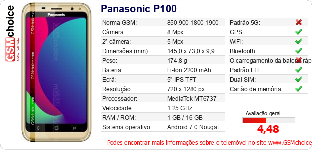 Panasonic P100 Especificações técnicas do telemóvel 