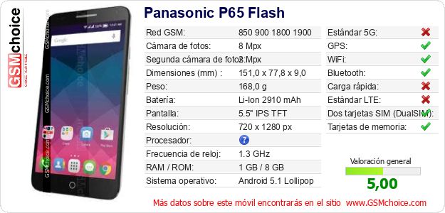 Panasonic P65 Flash Datos técnicos del móvil 