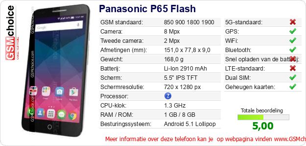 Panasonic P65 Flash Technische gegevens 