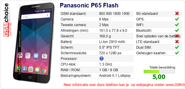 Panasonic P65 Flash Technische gegevens 