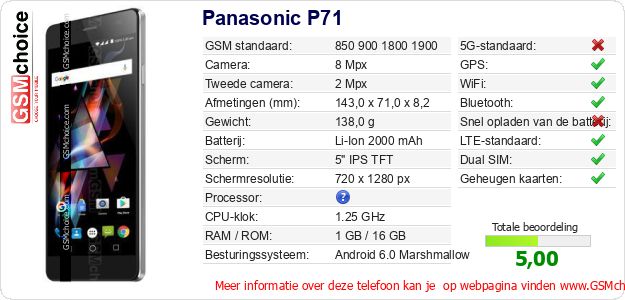 Panasonic P71 Technische gegevens Panasonic P71 Technische gegevens