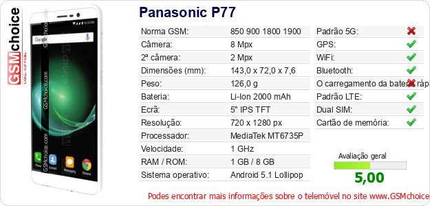 Panasonic P77 Especificações técnicas do telemóvel Panasonic P77 Especificações técnicas do telemóvel