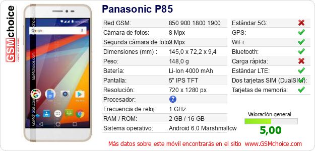 Panasonic P85 Datos técnicos del móvil 