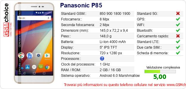 Panasonic P85 Dati tecnici di telefono cellulare Panasonic P85 Dati tecnici di telefono cellulare