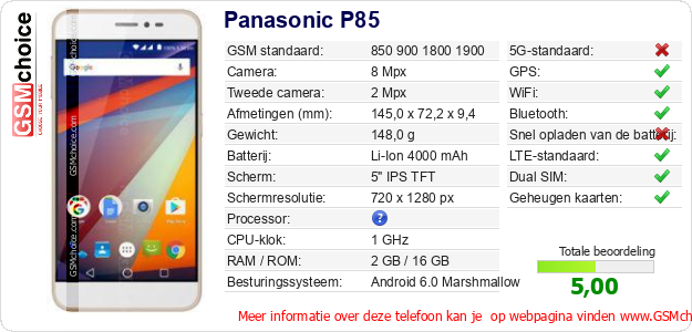 Panasonic P85 Technische gegevens 