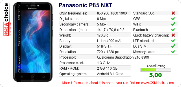 Panasonic P85 NXT technical specifications Panasonic P85 NXT technical specifications