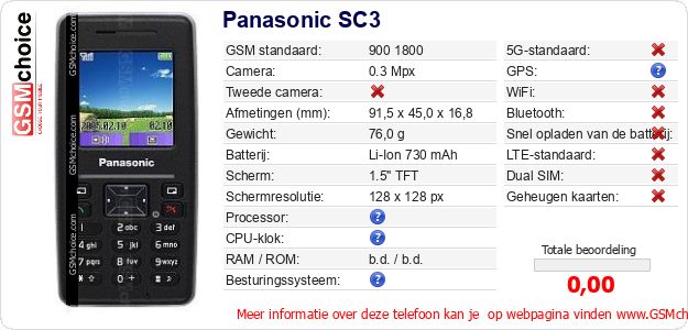 Panasonic SC3 Technische gegevens Panasonic SC3 Technische gegevens