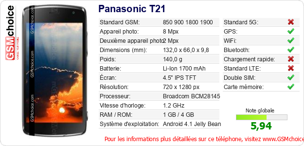 Panasonic T21 Fiche technique Panasonic T21 Fiche technique