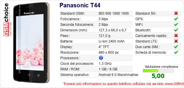 Panasonic T44 Dati tecnici di telefono cellulare 