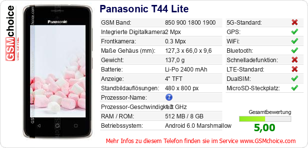 Panasonic T44 Lite technische Daten Panasonic T44 Lite technische Daten