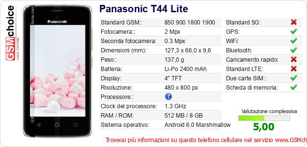 Panasonic T44 Lite Dati tecnici di telefono cellulare Panasonic T44 Lite Dati tecnici di telefono cellulare