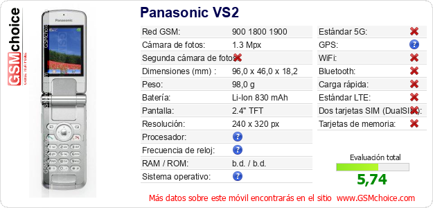 Panasonic VS2 Datos técnicos del móvil 