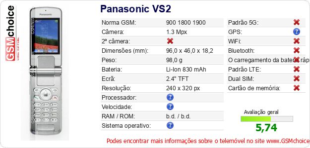 Panasonic VS2 Especificações técnicas do telemóvel 