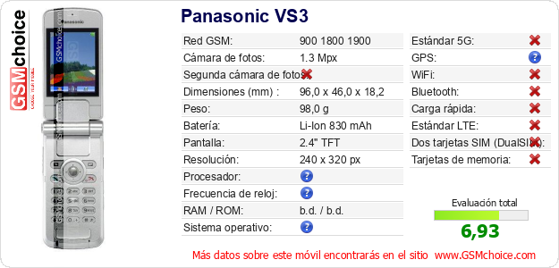 Panasonic VS3 Datos técnicos del móvil Panasonic VS3 Datos técnicos del móvil