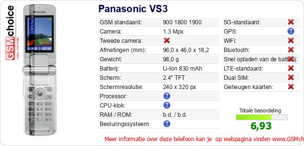 Panasonic VS3 Technische gegevens Panasonic VS3 Technische gegevens