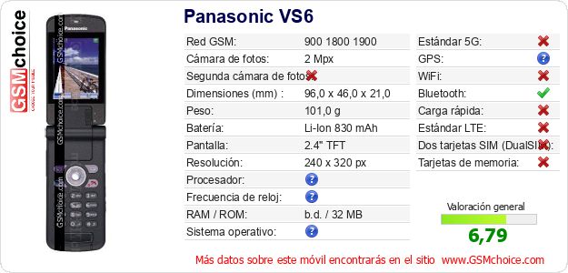 Panasonic VS6 Datos técnicos del móvil Panasonic VS6 Datos técnicos del móvil