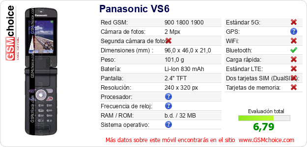 Panasonic VS6 Datos técnicos del móvil 