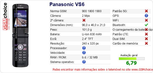 Panasonic VS6 Especificações técnicas do telemóvel Panasonic VS6 Especificações técnicas do telemóvel