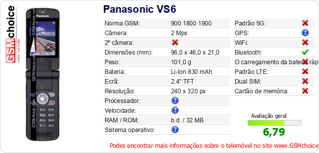 Panasonic VS6 Especificações técnicas do telemóvel 