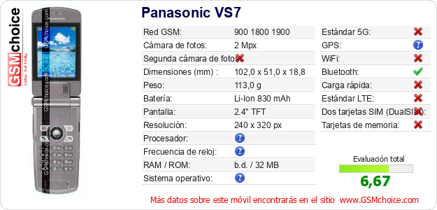 Panasonic VS7 Datos técnicos del móvil Panasonic VS7 Datos técnicos del móvil