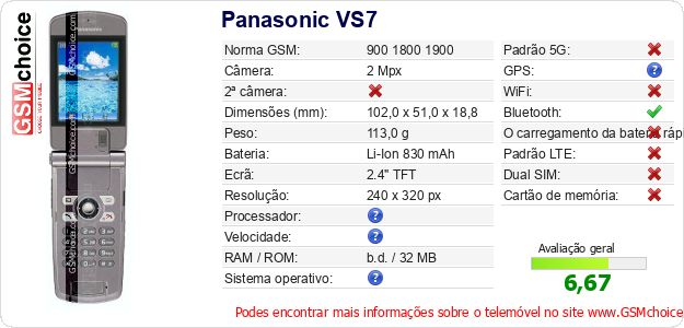 Panasonic VS7 Especificações técnicas do telemóvel Panasonic VS7 Especificações técnicas do telemóvel