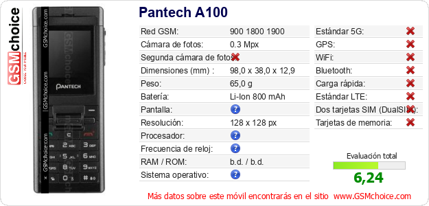 Pantech A100 Datos técnicos del móvil 