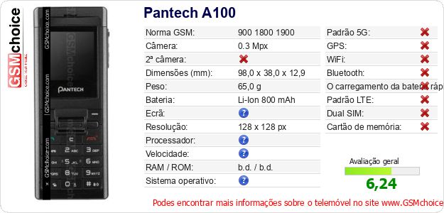 Pantech A100 Especificações técnicas do telemóvel Pantech A100 Especificações técnicas do telemóvel