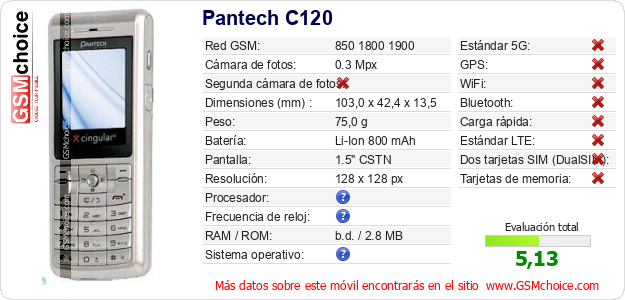 Pantech C120 Datos técnicos del móvil Pantech C120 Datos técnicos del móvil