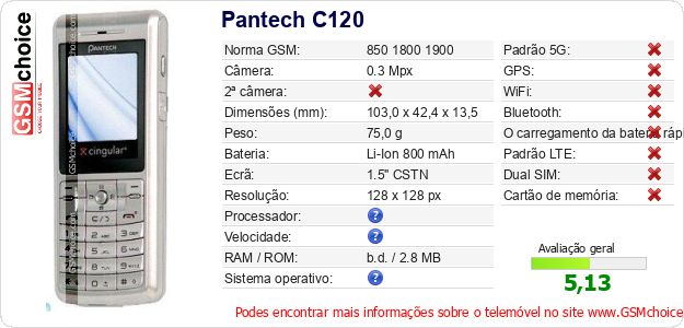 Pantech C120 Especificações técnicas do telemóvel Pantech C120 Especificações técnicas do telemóvel