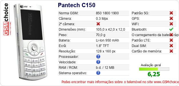Pantech C150 Especificações técnicas do telemóvel 