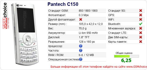 Pantech C150 Технические данные телефона Pantech C150 Технические данные телефона