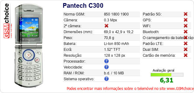 Pantech C300 Especificações técnicas do telemóvel Pantech C300 Especificações técnicas do telemóvel