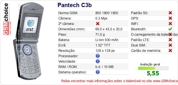Pantech C3b Especificações técnicas do telemóvel Pantech C3b Especificações técnicas do telemóvel