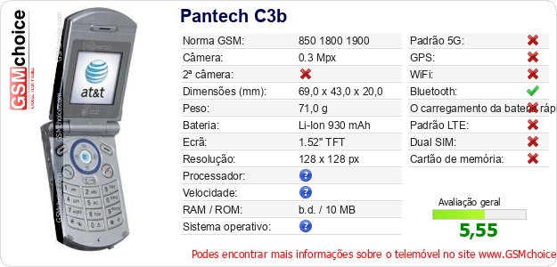 Pantech C3b Especificações técnicas do telemóvel Pantech C3b Especificações técnicas do telemóvel