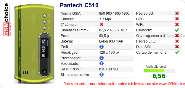 Pantech C510 Especificações técnicas do telemóvel 