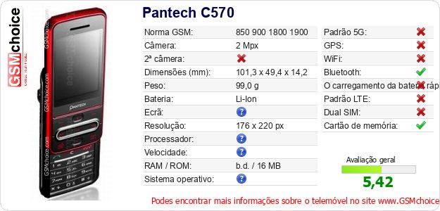 Pantech C570 Especificações técnicas do telemóvel Pantech C570 Especificações técnicas do telemóvel